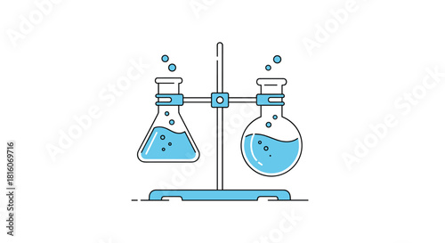 Minimalist animated illustration of a chemical experiment with two flasks containing bubbling blue liquid held by a laboratory stand.