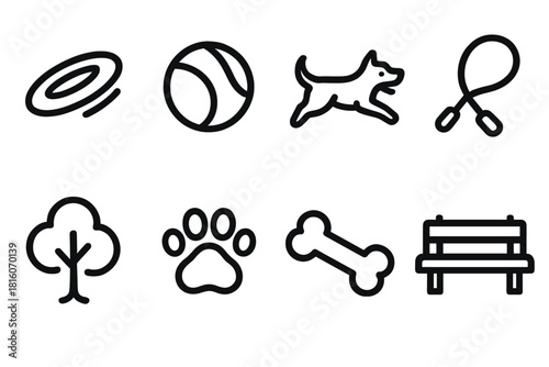 Park Playtime Icons. Park activities concept linear icon set: frisbee, ball, dog running, leash, tree, paw print, bone, bench