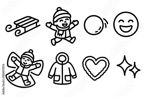 Winter Fun Icons. Joyful Winter Day linear icon set: sled, child playing, snowball, laughter face, snow angel, coat, heart in snow, sparkle icon