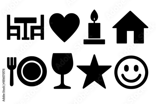 Brutalist Family Icons. Family gathering silhouette icon set : dinner table, heart, candle, home, plate, wine glass, star, smile icon