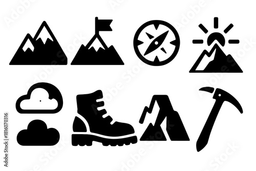Brutalist Mountain Icon Set. Mountain Peaks silhouette icon set: snow-capped summit, flag, compass, rock face, sun, clouds, hiking boot, ice axe