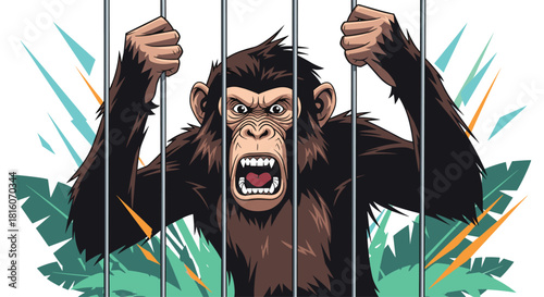 Angry chimpanzee or ape screaming and shaking the bars of a cage with tropical leaves in the background illustration.