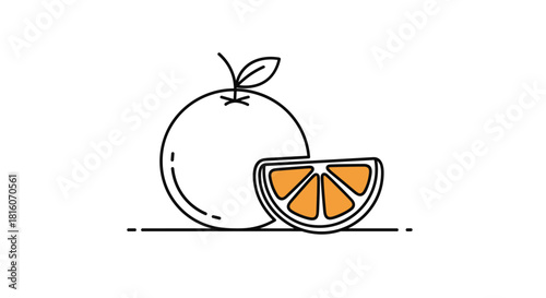 Minimalist line art icon of a whole orange fruit with a leaf and a juicy sliced wedge with colorful orange segments.