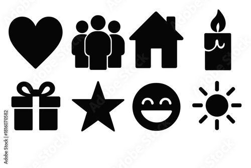 Bold Togetherness Icons. Togetherness silhouette icon set : heart, group of people, home, candle, gift box, star, laughter icon, warmth circle
