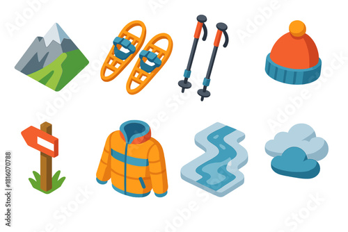 Isometric Hiking Icons. Alpine Hike flat icon set: mountain slope, snowshoe gear, trekking poles, wool hat, trail marker, warm jacket, icy path, cloudy sky