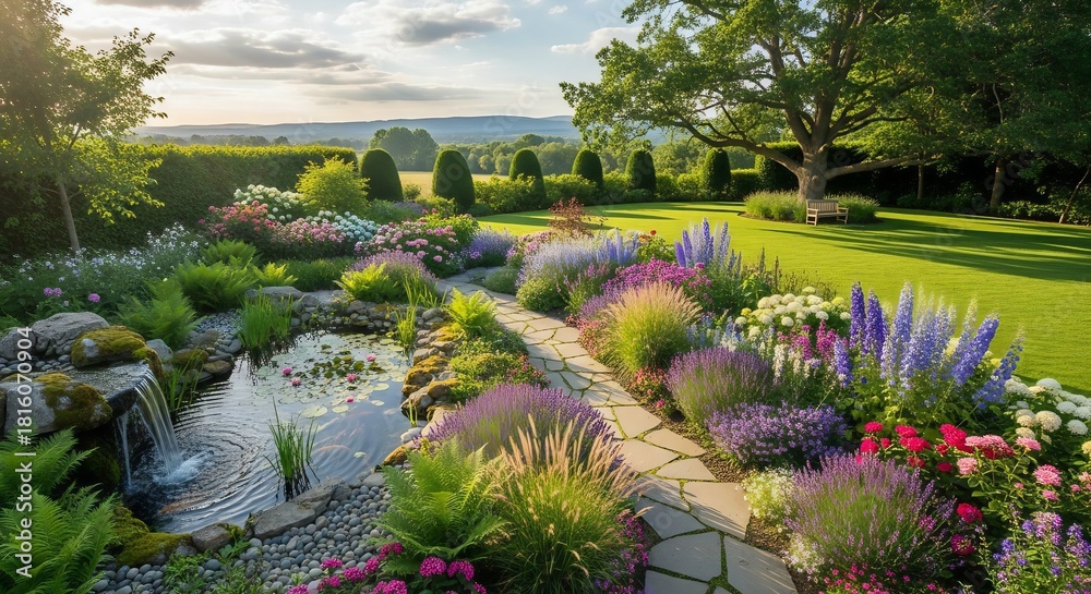 Obraz premium Manicured Summer Garden with Stone Path, Waterfall Pond, and Vibrant Flowers