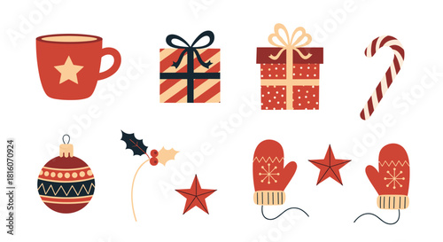 Collection of festive Christmas icons including gifts mittens a candy cane ornaments and a mug on a white background.