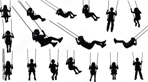A large collection of happy children silhouettes actively playing on swings, demonstrating various positions from sitting still to soaring high, representing 