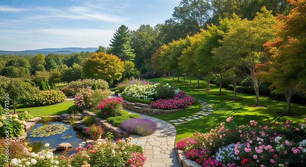 Obraz premium Lush Formal Garden with Stone Path, Flower Beds, and Decorative Pond