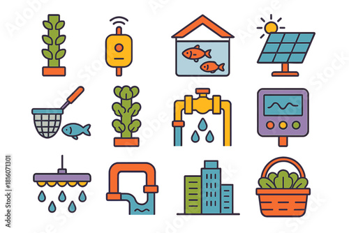 Urban Aquaponic Icons. Urban Aquaponic Farming flat icon set: vertical column, smart sensor, greenhouse tank, solar panel, fish net, lettuce tower, nutrient valve, control display