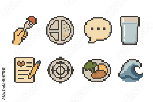 Mindful Eating Icons. Mindful Eating Habits pixel style icon set: slow bite icon, portion plate, calm bubble, hydration glass, gratitude note, focus circle, balanced meal, gentle
