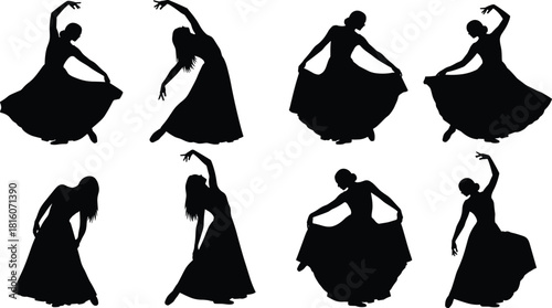 A set of elegant female silhouettes performing Spanish flamenco or classical dance, wearing flowing long dresses and captured in various graceful bending and arm movements, vector illustration.