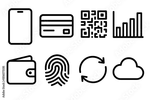 Digital Finance Icons. Digital Finance linear icon set: smartphone, credit card, QR code, bar chart, wallet, fingerprint, transaction arrow, cloud