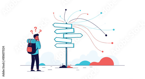 Confused traveler with a backpack looks at a signpost with many blank arrows representing difficult choices and decisions.