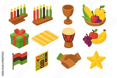Kwanzaa Icon Set. Kwanzaa flat icon set: kinara candle holder, seven candles, unity cup, corn, gift box, mat, drum, fruit basket, flag, African pattern, handshake, star