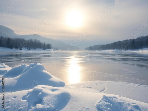 Frozen lake reflecting a pale winter sun, surrounded by snowdrifts ,  snow,  wintery
