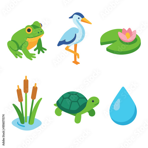 Wetland Wildlife Icons. Wetlands flat icons set. frog, heron, lily pad, reeds, turtle, droplet