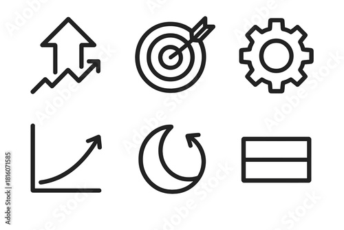 Fitness Icon Set. Training Principles Set linear icon set: overload arrow, specificity target, variation wheel, adaptation line, rest–recovery icon, balanced program block
