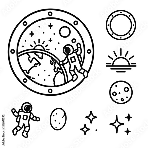 Astronaut's Orbital Sunrise. View from Orbit linear icon set. Earth, porthole window, sunrise, moon, stars, floating astronaut