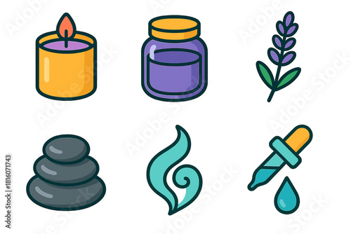Calming Aromas Icons. Calming Aromas flat icons set. scented candle, jar, lavender sprig, steam swirl, stone, dropper