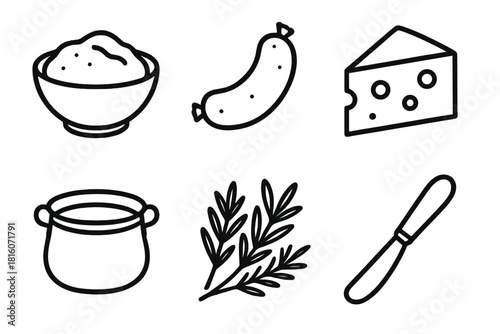 Alpine Cuisine Icons. Alpine Italian Comforts linear icon set. polenta bowl, sausage link, cheese block, copper pot, herbs, butter knife