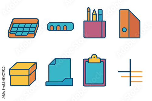 Minimalist Desktop Tools. Organized Desktop Tools flat icon set: grid tray, cord channel, pen block, binder slot, small box, document guide, clip panel, arrangement cue