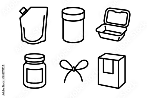 Eco-Friendly Packaging Icons. Sustainable Packaging Ideas linear icon set: refill pouch, cardboard tube, biodegradable insert, glass container, hemp twine, minimal label