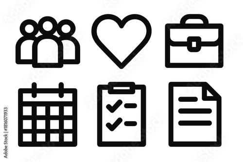 Bold Employee Icons. Employee experience silhouette icon set. group of people, heart, briefcase, calendar, checklist, document.