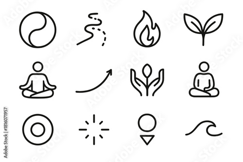Holistic Wellness Icons. Holistic Academic Wellness Collection linear icon set: harmony circle, learning path, wellness flame, growth leaf, mindful pose, uplifting curve