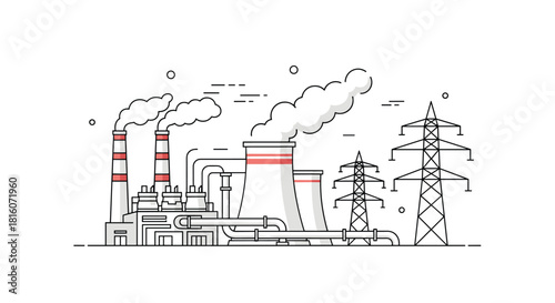 Line art illustration of a power plant with smoke stacks cooling towers and high-voltage power lines for energy distribution.