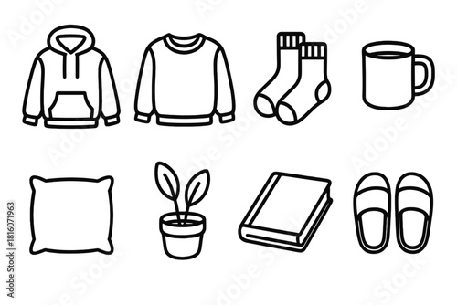 Cozy Essentials Icons. Comfort Outerwear Set linear icon set. hoodie, sweater, warm socks, mug, pillow, plant, book, slippers.