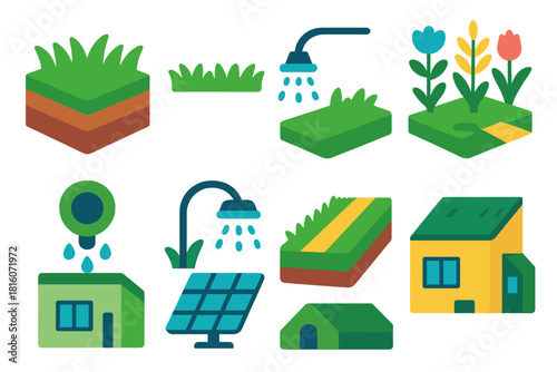 Eco-Friendly Roof Design. Living Roof Design flat icon set: layered soil profile, grass rooftop, drainage outlet, irrigation sprayer, native plants, rooftop walkway, solar panel