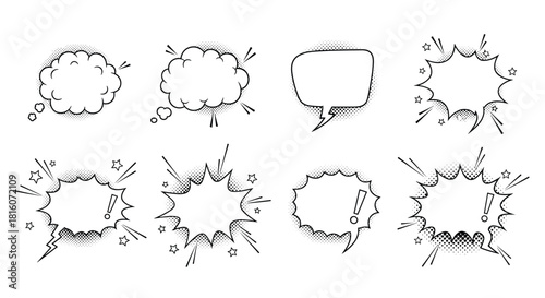 A collection of eight black and white comic book style speech bubbles with halftone shading and explosion effects.