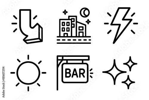 Neon Urban Icons. Urban Glow linear icon set. neon arrow, night street, lightning bolt, circle light, bar sign, shimmer