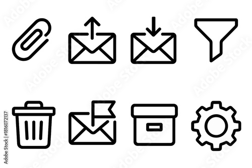 Email Icon Set. Email workflow linear icon set: attachment clip, upload arrow, download arrow, filter funnel, trash bin, flagged message, archive box, settings gear