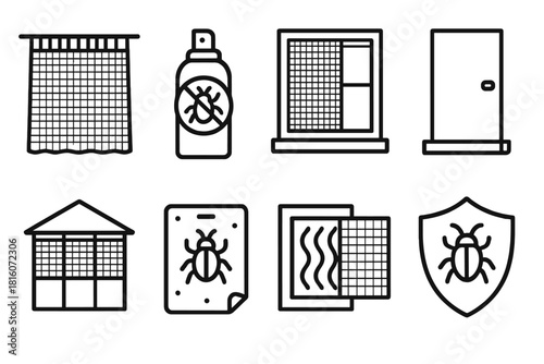 Bug Prevention Icons. Bug Barrier Elements linear icon set: net curtain tile, repellent spray bottle, window guard frame, tiny gap seal, porch screen, sticky trap pad, airflow
