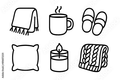 Hygge Icons Collection. Hygge Living linear icon set: blanket, mug, slippers, pillow, candle, knit throw