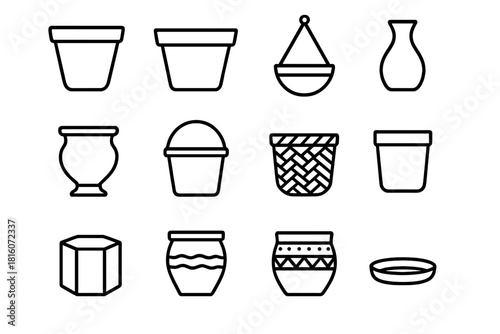 Outline Flowerpot Collection. Decorative Flowerpots linear icon set. ceramic pot, terracotta planter, hanging basket, glass vase, stone urn, metal bucket, woven rattan pot