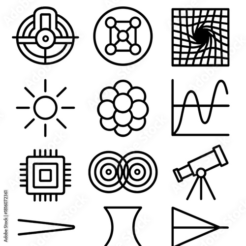 Modern Physics Icons. Modern Physics Breakthroughs linear icon set. particle accelerator, quark symbol, black hole, quantum field, photon, atom nucleus, data graph, telescope