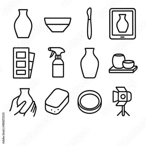 Minimalist Pottery Icons. Modern Clay Design linear icon set. minimal vase, geometric bowl, modeling tool, tablet sketch, color swatch, glaze spray, smooth pot, drying tray