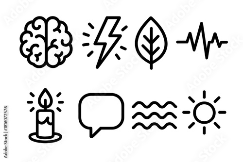 Symbolic Mind Icons. Mind Awakening linear icon set: brain, lightning bolt, leaf, heartbeat, candle, speech bubble, thought wave, glow