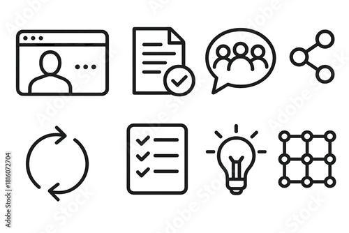 Virtual Collaboration Icons. Virtual Collaboration Spaces linear icon set: video chat window, shared document icon, group bubble, collaboration nodes, sync arrows, task panel, idea
