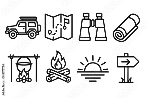 Camping Adventure Icons. Adventure Camping linear icon set: off-road vehicle, hiking map, binoculars, sleeping mat, cooking pot, firewood, sunrise, trail marker