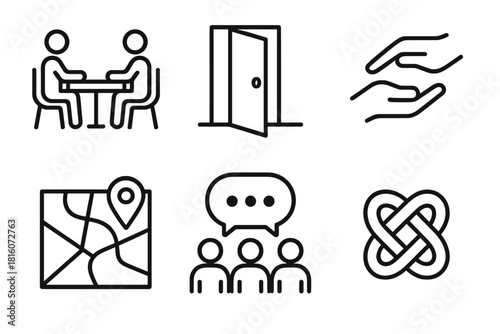 Community Symbols. Community Connections linear icon set: shared table, open door, helping hand, neighborhood map, group chat bubble, friendship knot