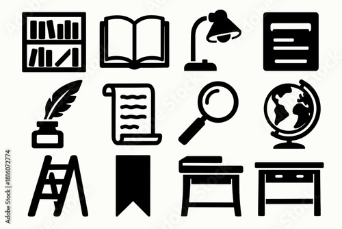 Classic Library Icons. Classic library icons silhouette icon set. bookshelf, open book, reading lamp, library card, quill pen, ink bottle, scroll, magnifying glass, globe, ladder