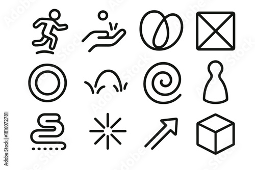 Active Play Icons. Active Play Kit linear icon set: jump icon, toss-and-catch symbol, playful loop, agility step tile, toy ring, lively bounce arc, dynamic swirl, friendly game