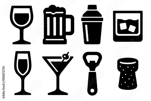 Brutalist Beverage Icons. Alcoholic Beverages silhouette icon set. wine glass, beer mug, cocktail shaker, whiskey glass, champagne flute, martini, bottle opener, cork.