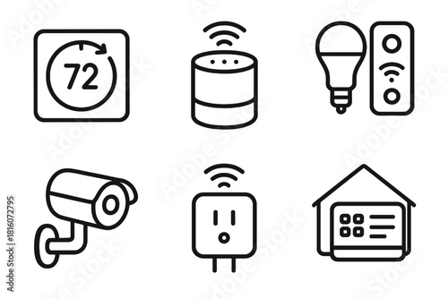 Home Smart Icons. Home Smart Systems linear icon set: smart thermostat, voice assistant, lighting control, security camera, smart plug, home hub