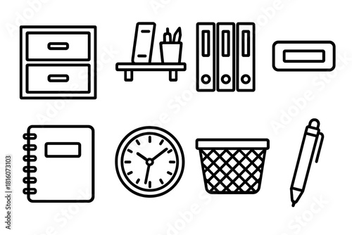 Organized Workspace Icons. Workspace Organization Set linear icon set: drawer, shelf, files, label, notebook, clock, basket, pen