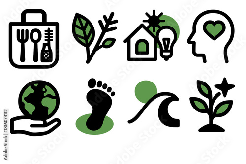Eco-Friendly Icon Set. Environment-friendly practices themes silhouette icon set: zero-waste kit, natural materials, low-energy living, mindful consumption, earth care, gentle